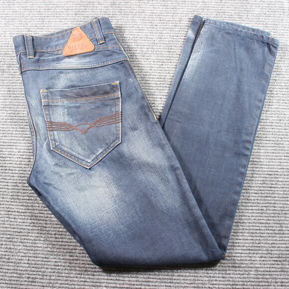 Diesel Jeans Mens 34x32 Blue Straight Slim Straight Whiskered Contrast Stitch - Picture 1 of 14